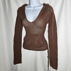 vintage y2k brown knit 100% cotton hooded beachy sweater